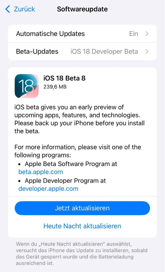 红寺堡苹果手机维修分享苹果 iOS / iPadOS 18 开发者预览版 Beta 8 发布 